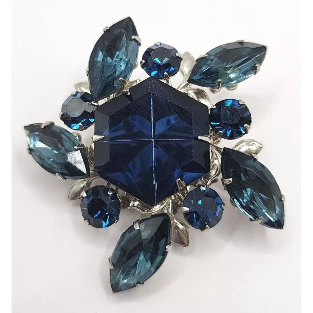 Vintage Blue Rhinestone Brooch Hexagon Stone Silver Tone